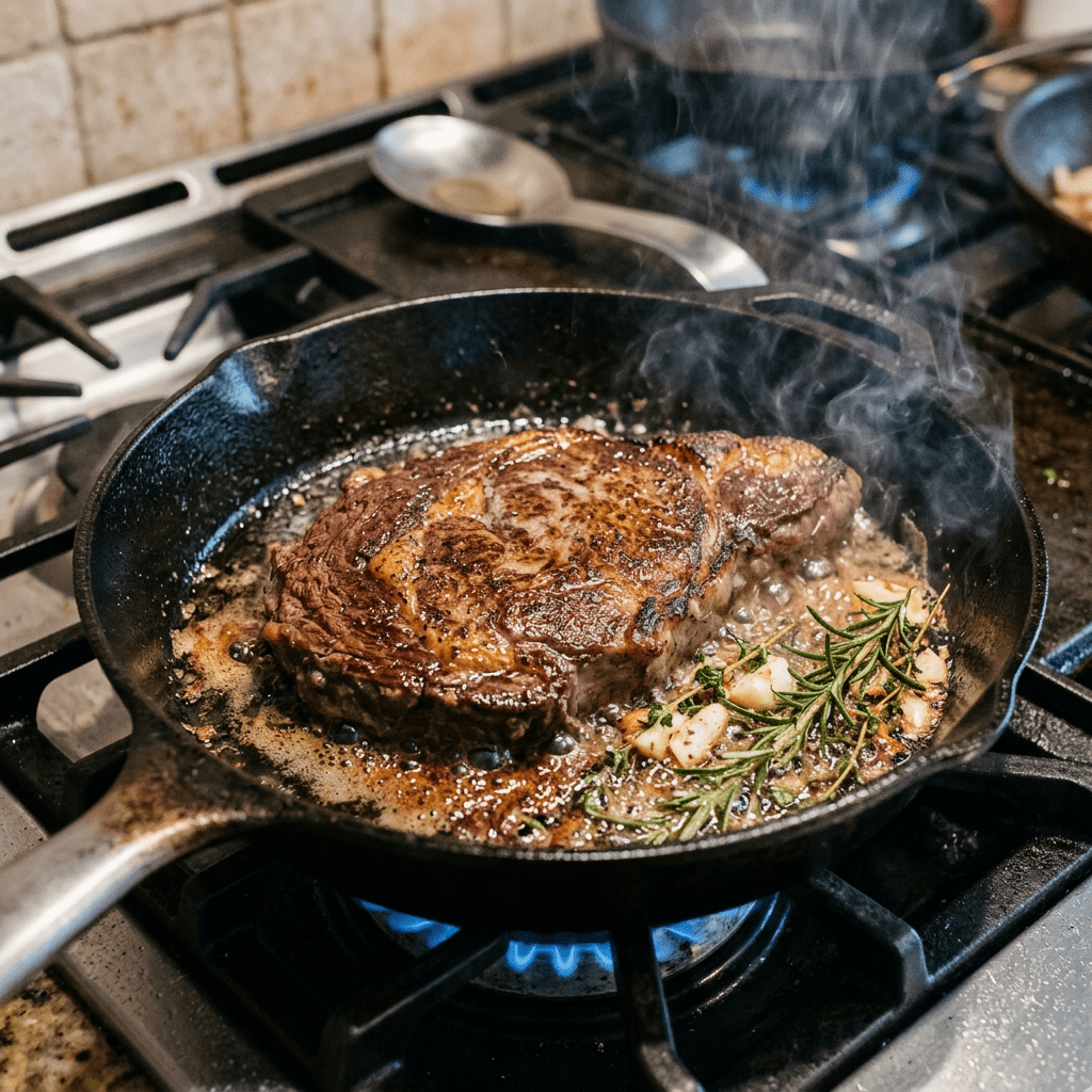 Steak cooking in a cast-iron skillet with garlic cloves and rosemary sprigs